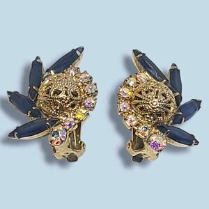 Vintage D&E Juliana Clip On Earrings Blue Rhinestone Filigree Gold Tone Clip-ons